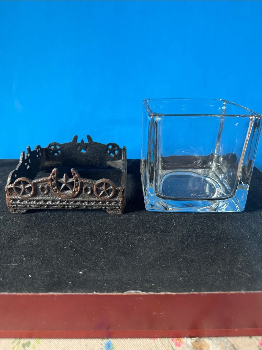 Rustic Brown Cast Iron & Clear Glass Western Candle Holder - Unbranded